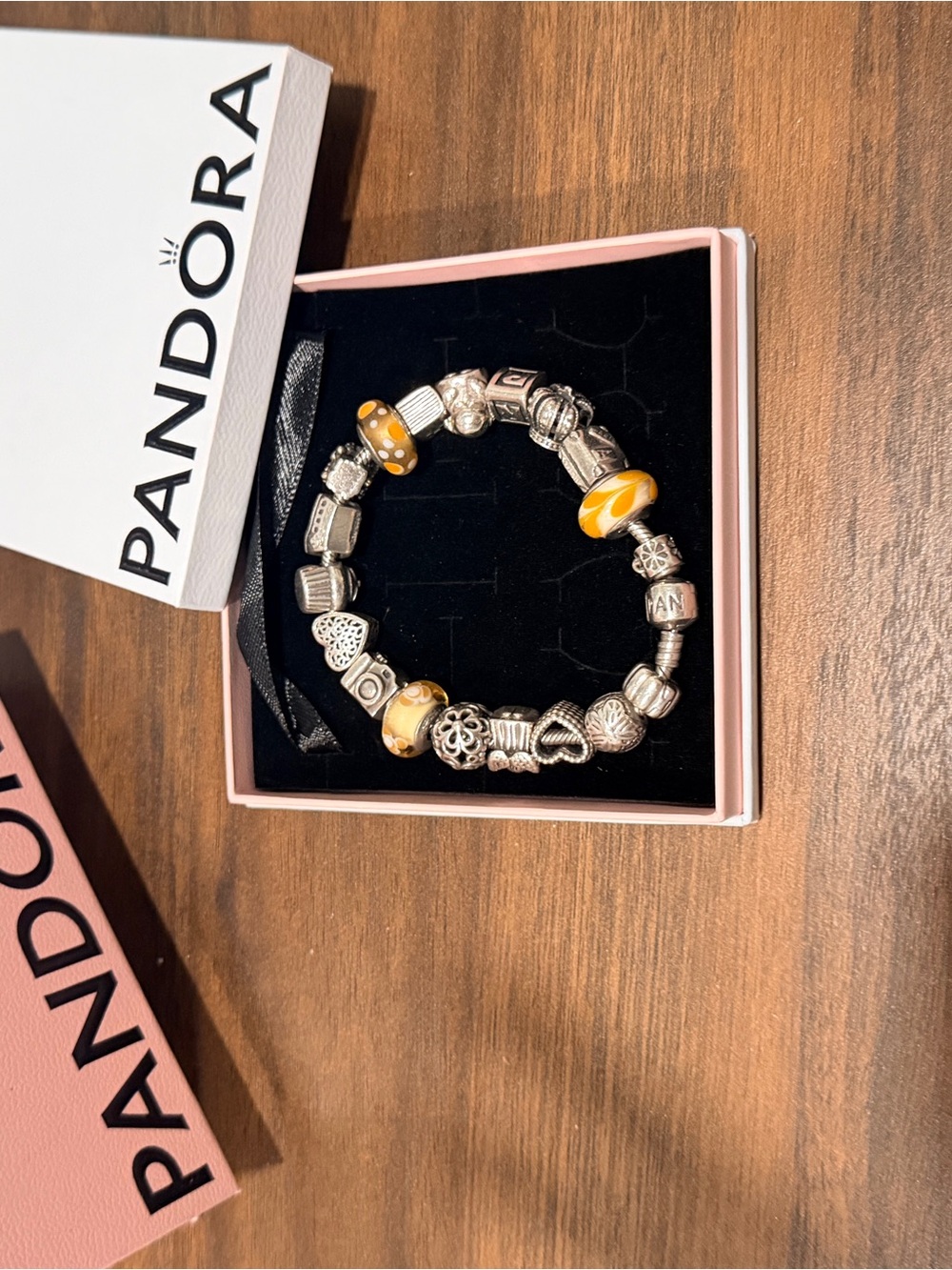 Pandora Silver Bracelet with Yellow and White Glass Charms